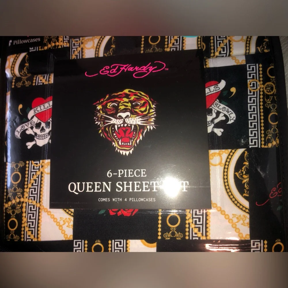 🖤 Ed Hardy Black Sheet Set with Multicolor pattern 🖤 Queen 🖤 6 pieces